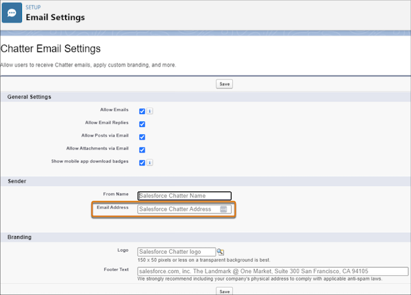 Página Configuración de email de Chatter