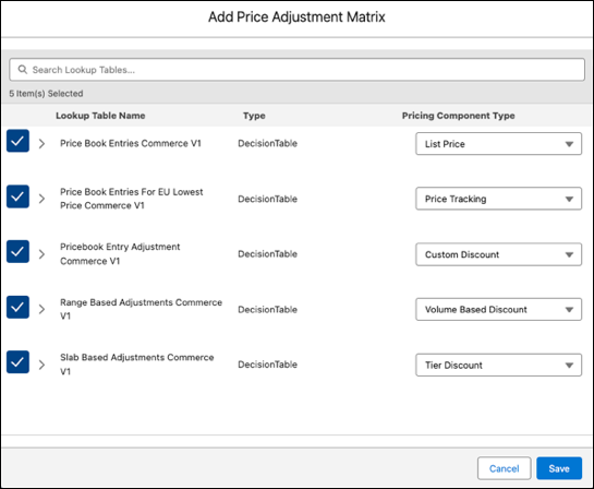 Screenshot of the Add Price Adjustment Matrix page with the pricing component type selected for each lookup table