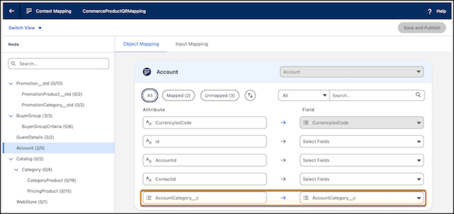 Screenshot of CommerceProductQRMapping with AccountCategory field