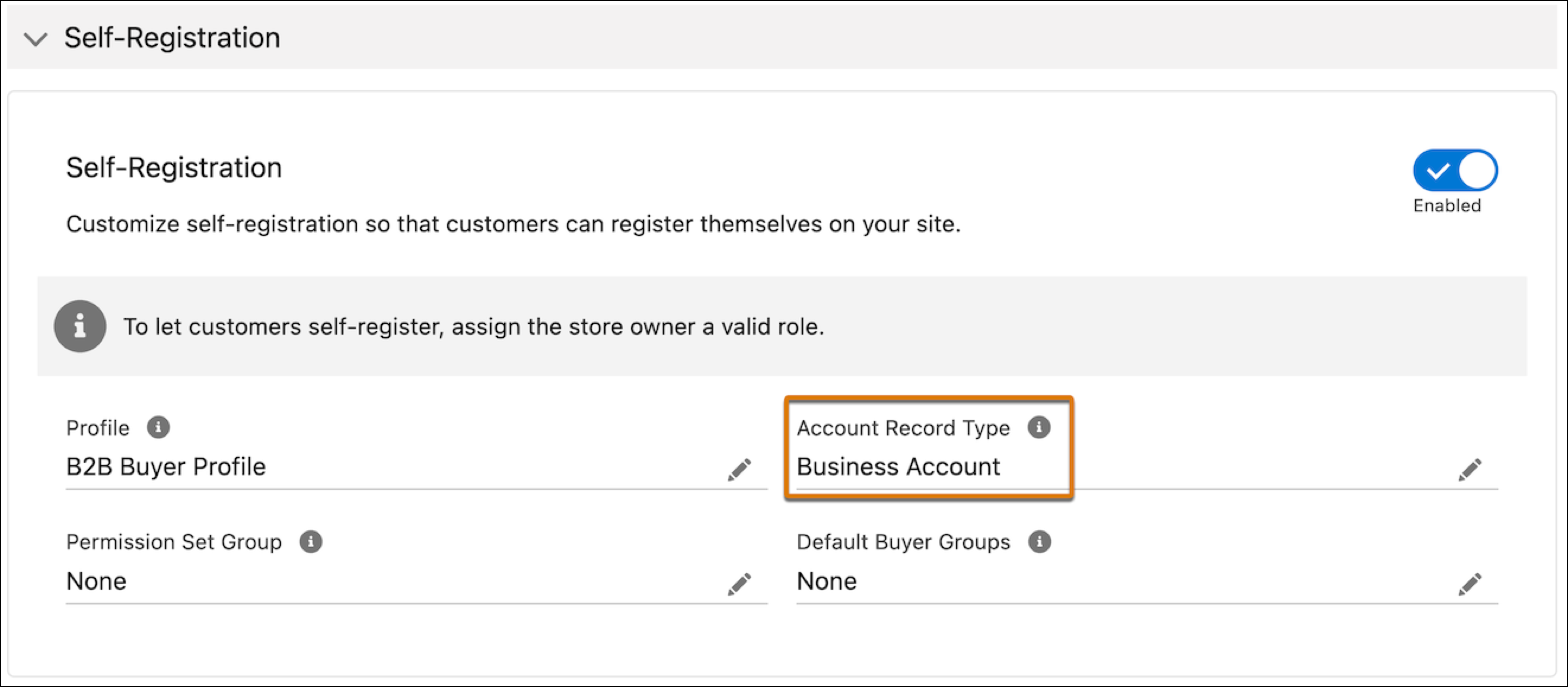 Self-registration preferences with Business Account selected.