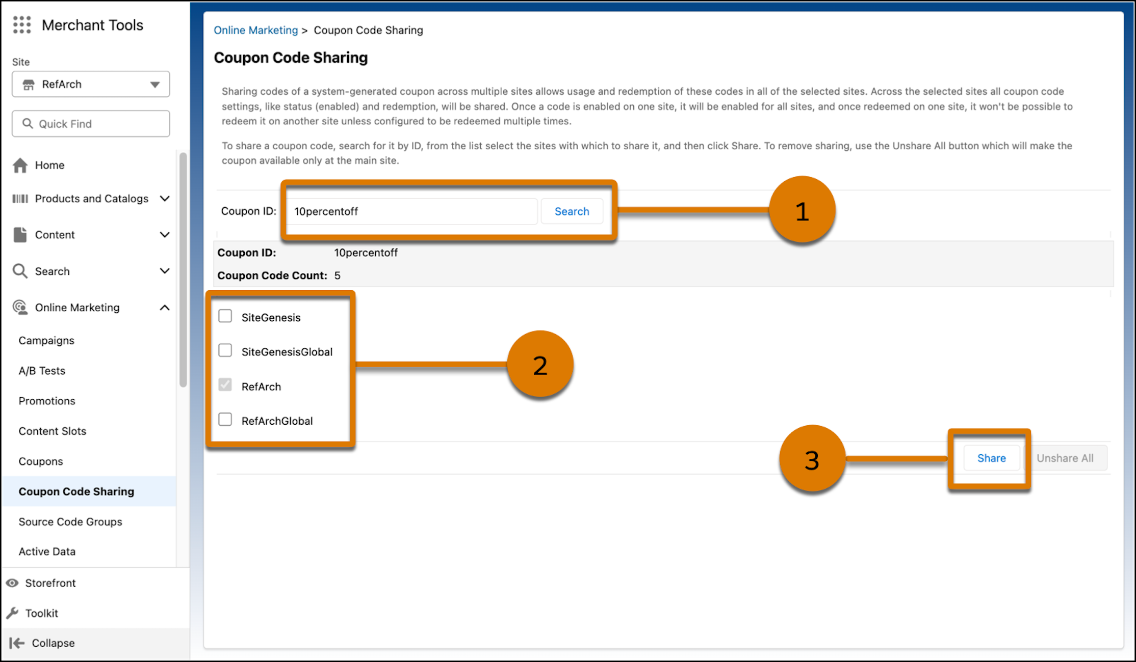 Coupon Code Sharing Screen in Business Manager