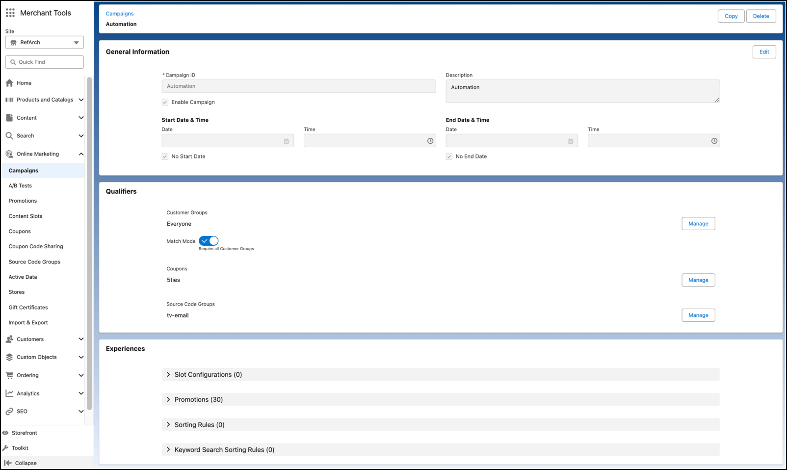 Scherm Campagnedetails in Business Manager