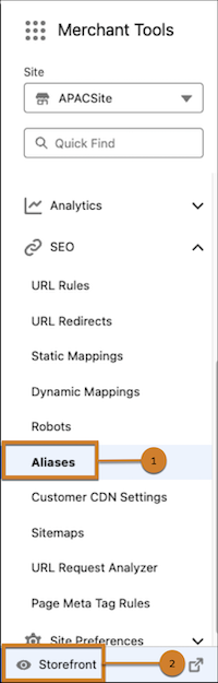 Aliases e URL de visualização do Storefront