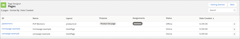 Liste mit Page Designer-Seiten