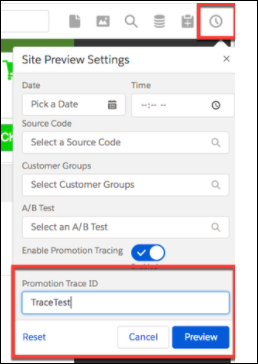 Site Preview Settings with Promotion Trace ID highlighted