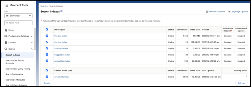 Rebuild search indexes