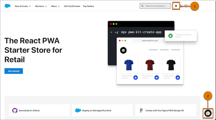 Site header and floating icon launch locations for PWA Kit storefronts