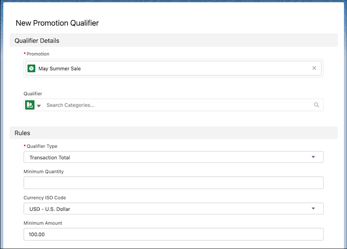 The Promotion Qualifier page, showing options for choosing the type of qualifier and amount details
