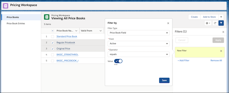Filtered list in pricing workspace