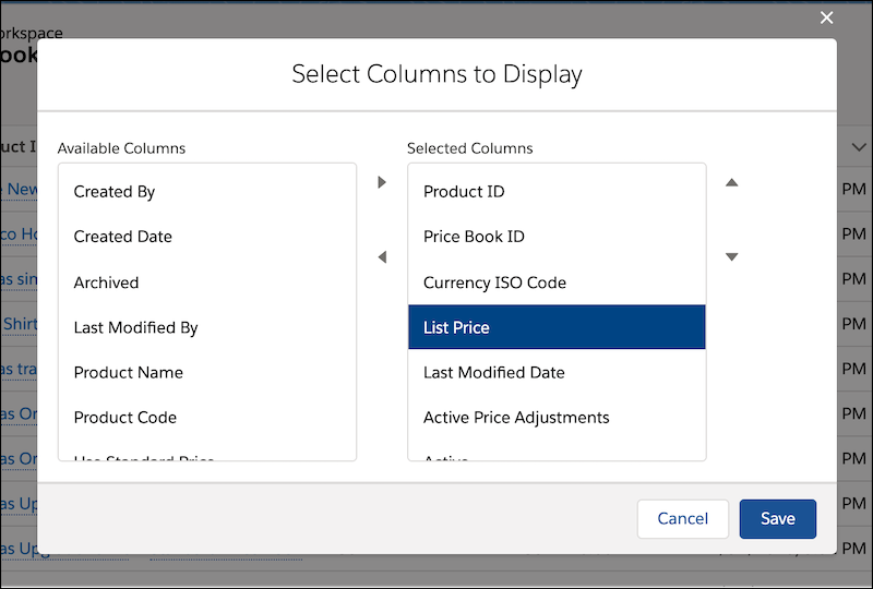 Select columns to display in a workspace