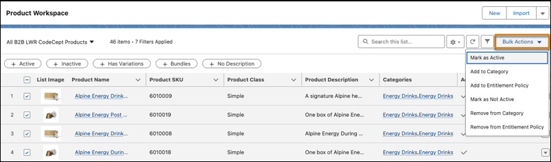 Bulk actions dropdown on the Product Workspace