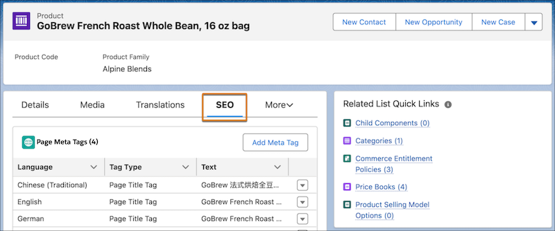 SEO tab on a product record.