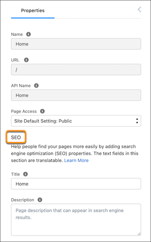 Page Properties panel in Experience Builder with the SEO section highlighted.