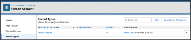 Person Account page showing person account record type.