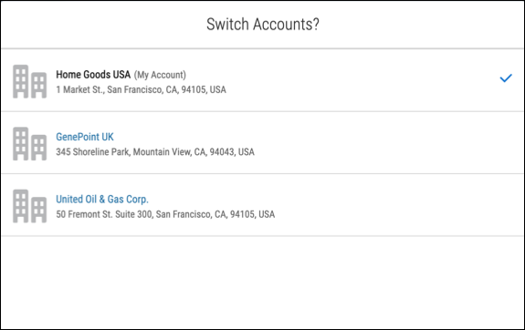 Swtich accounts screen showing accounts that can be selected