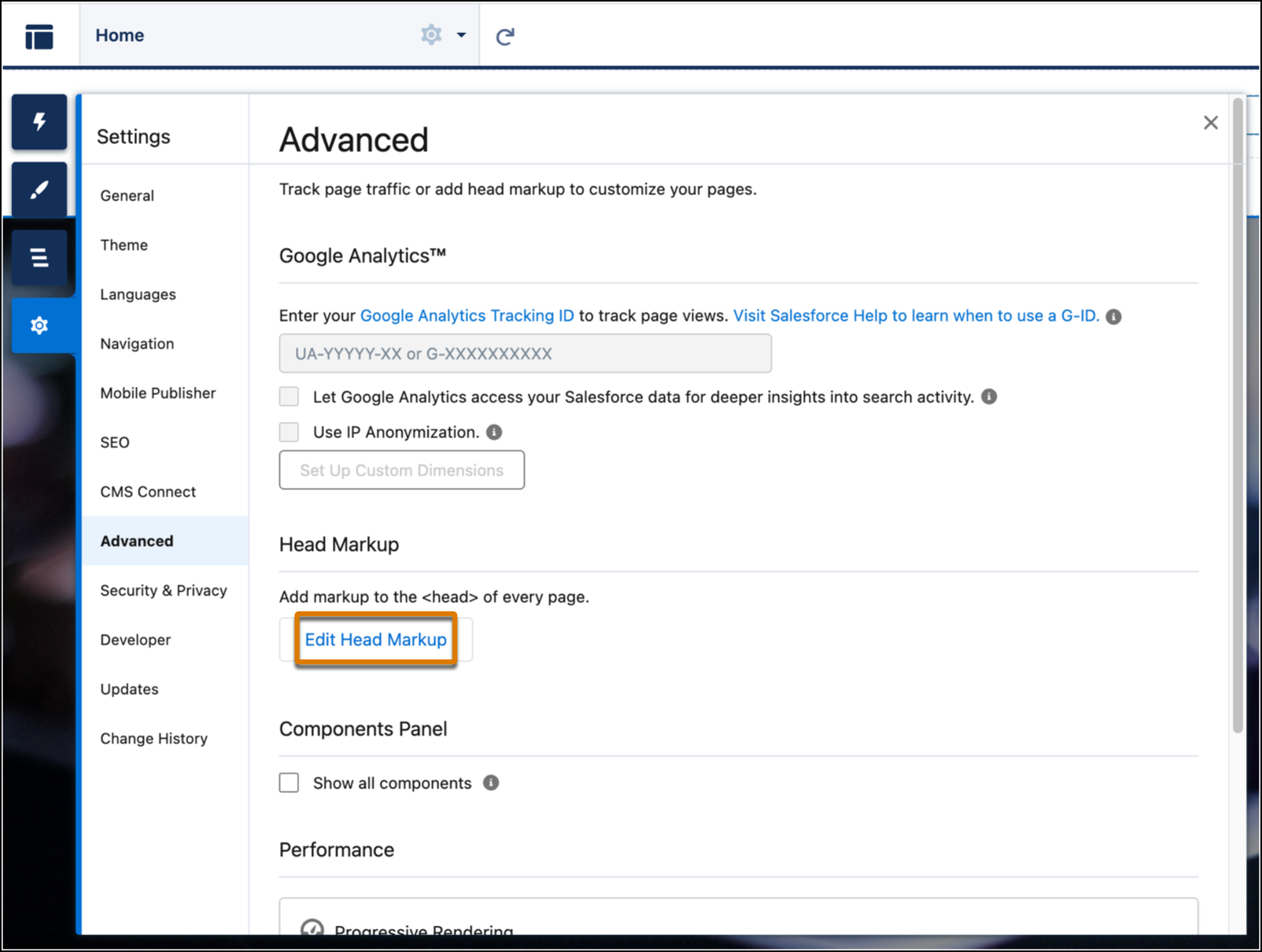 Screenshot showing Edit Head Markup under Advanced Settings in Experience Builder