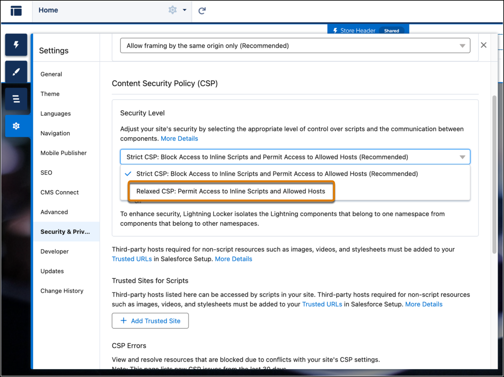 Screenshot showing Relaxed CSP in the Advanced Security Settings in Experience Builder