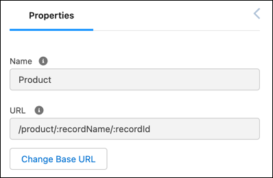 商品ページの URL が表示されているエクスペリエンスビルダーのページの [プロパティ] パネル。