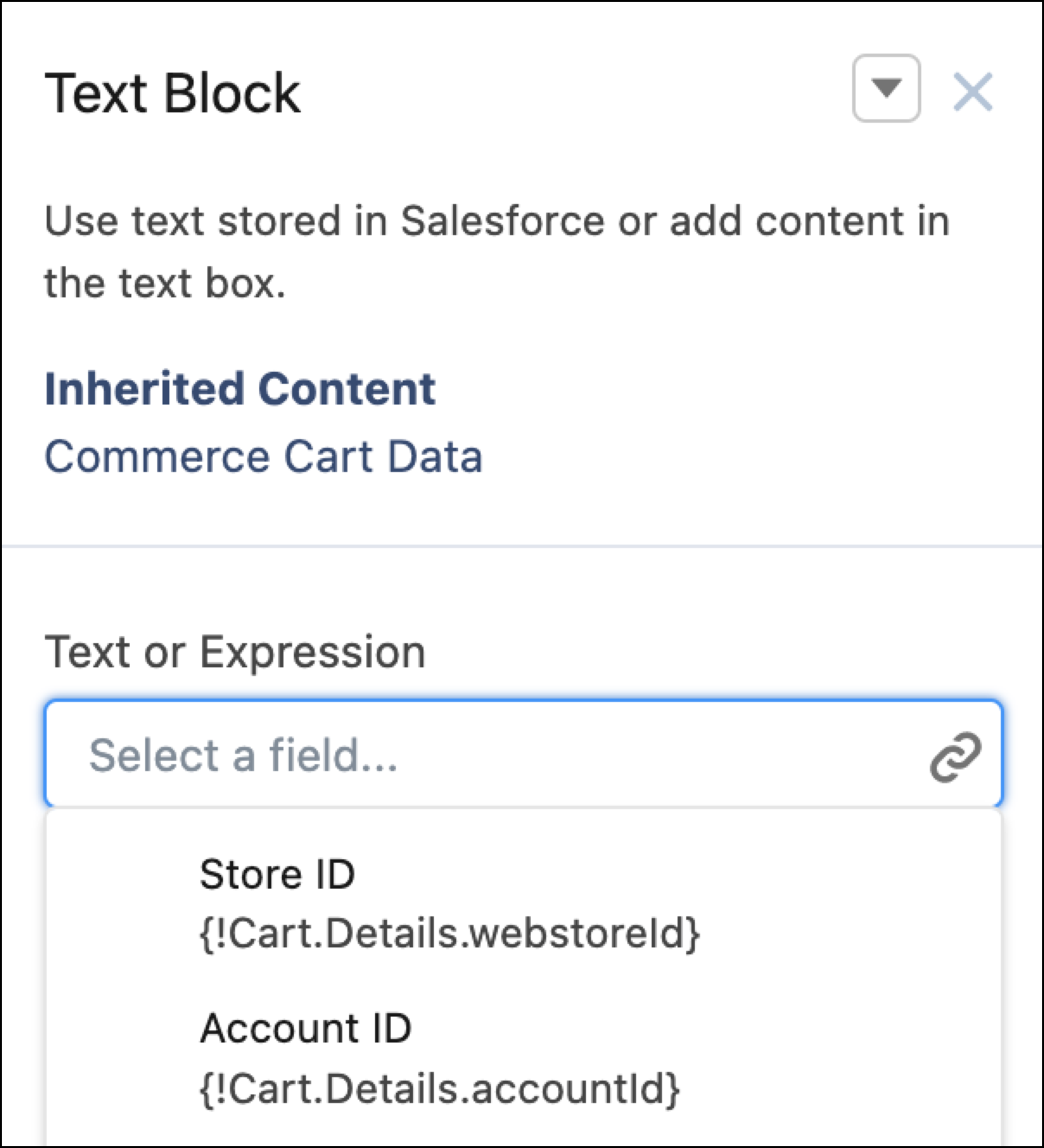 Text block component with Commerce Cart Data inherited content. Text or Expression dropdown shows Show ID and Account ID expressions.