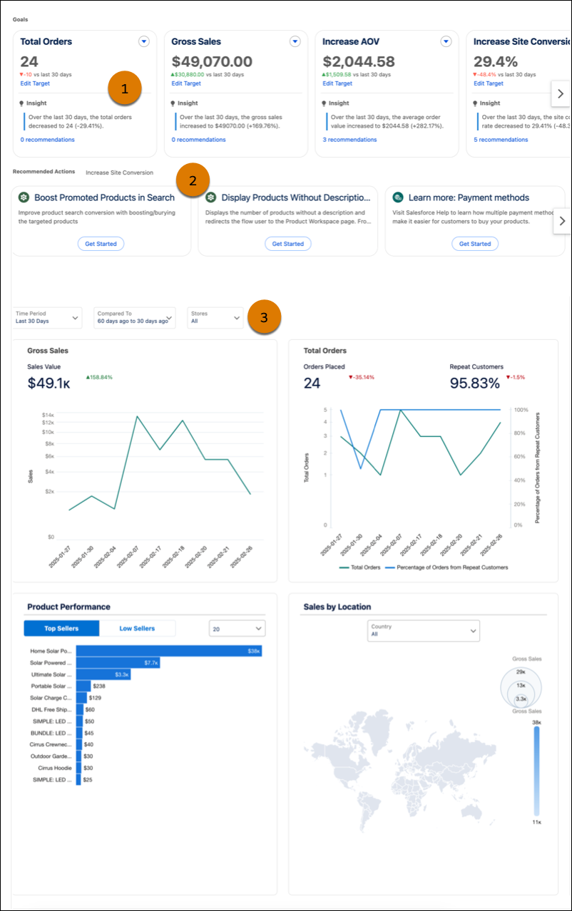 Shows the various parts of the overview dashboard, including goals, actions, charts and tables.