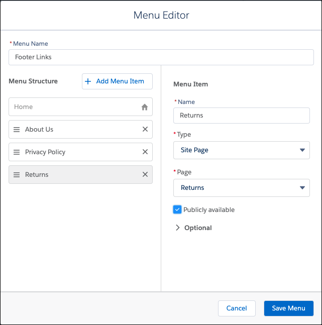 Menu editor showing links for footer.