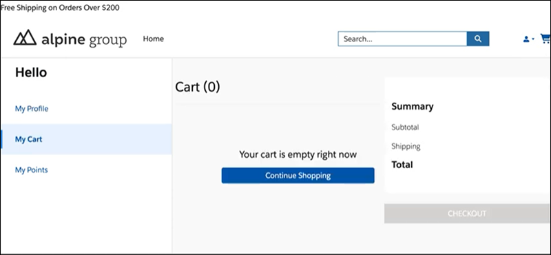 A Cart page with the My Account Layout applied