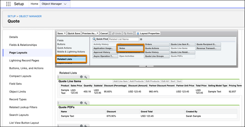 Quote object page layout showing the Notes related list