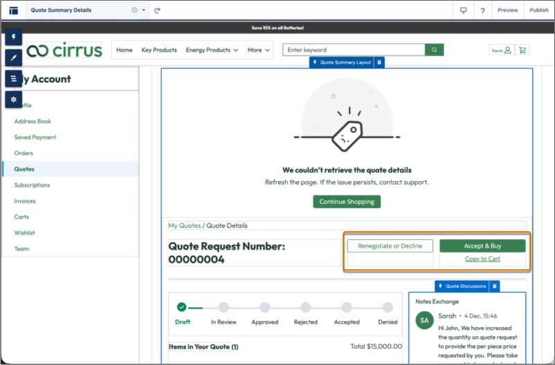 Quote Summary Details page showing Accept Quote and Buy, Copy Quote to Cart, and Renegotiate or Decline Quote components