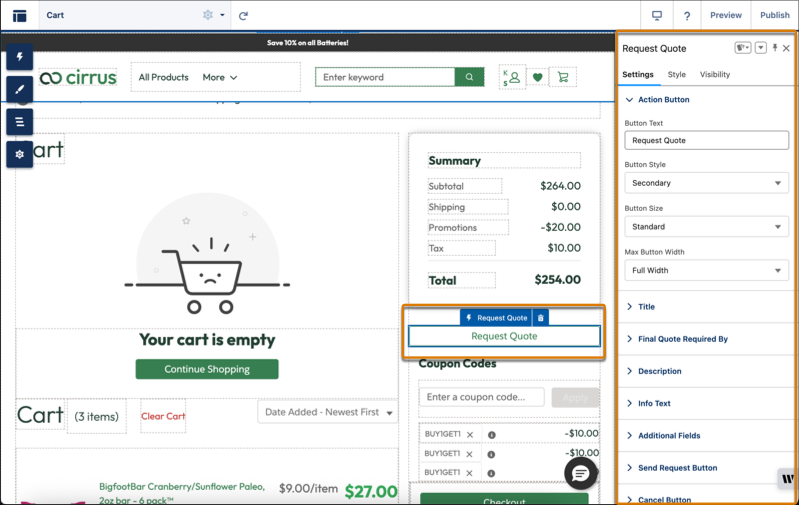 Request Quote component property editor showing Title and Description fields