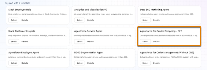 Screenshot showing the Agentforce for Guided Shopping - B2B template