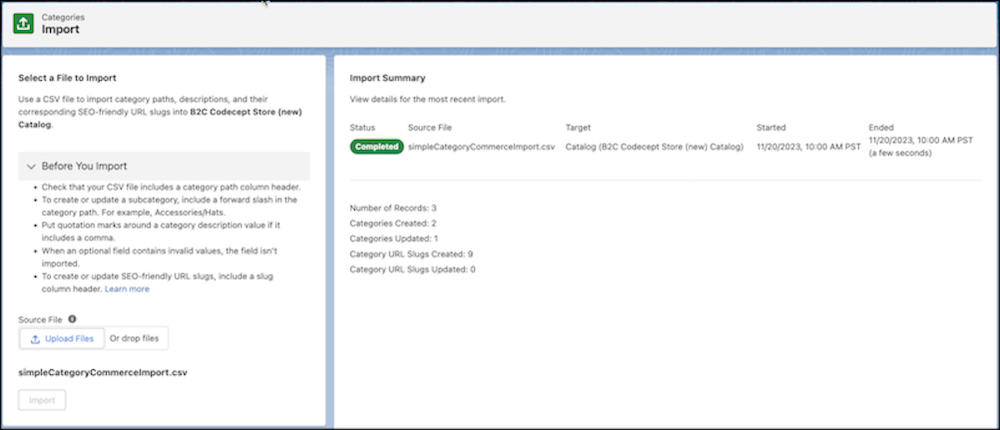 Category Import page with completed Import Summary report.