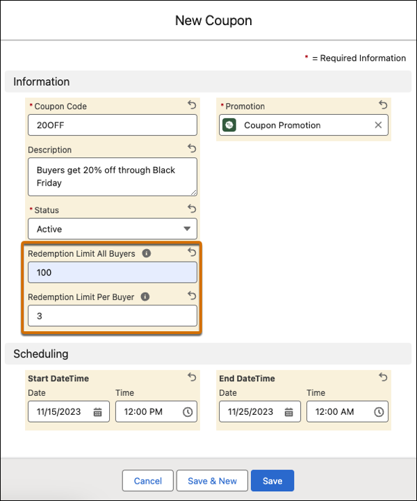 The Coupon page, showing fields for entering the coupon information and setting it to Active