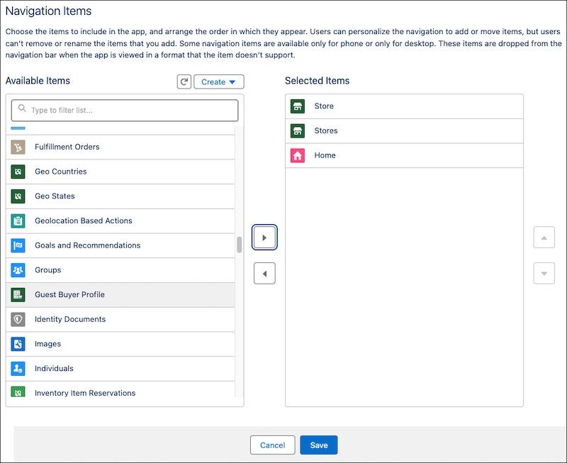 Selected items in app settings