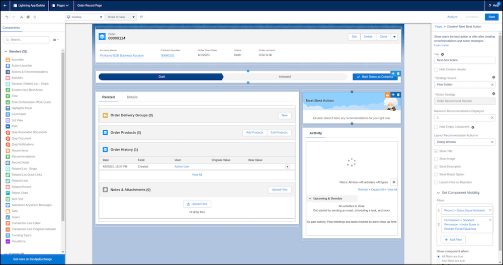 Order Record Page with Einstein Next Best Action component configured in Lighting App Builder.