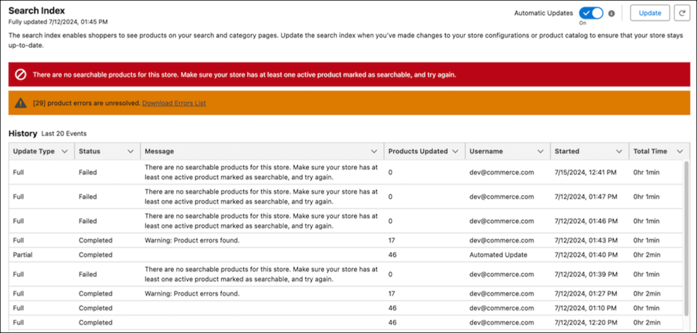 Review product errors and index failures on the Search Index page.