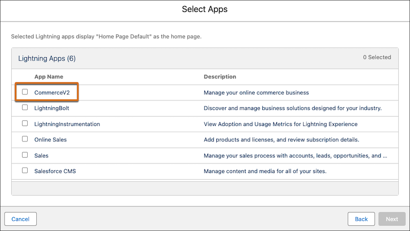 Selecting commerce app