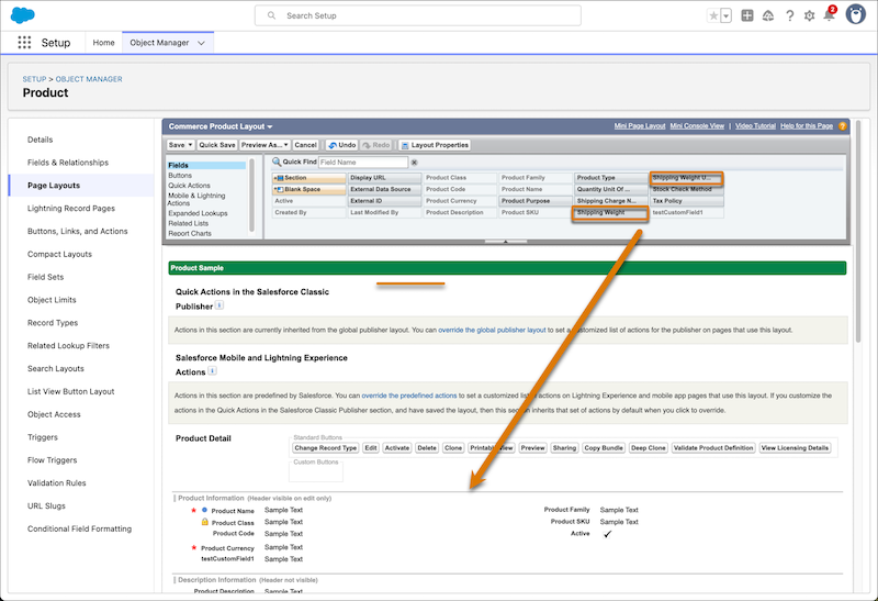 Adding shipping weight fields to the Product Detail section of the Commerce Product Layout.