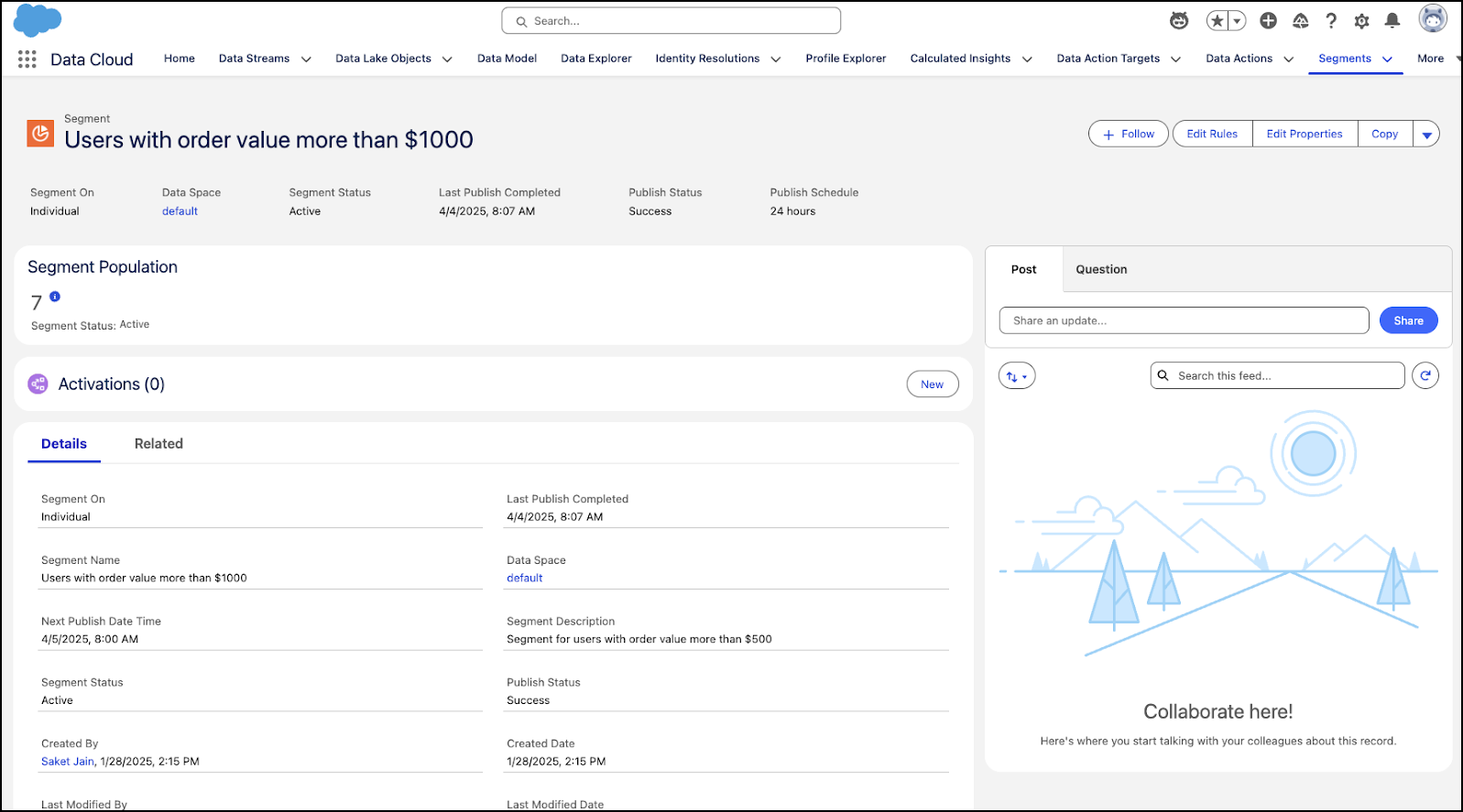 Data Cloud segments page listing uses with order values more than one thousand dollars.