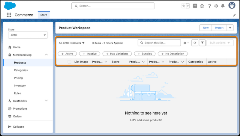 Commerce workspace list view
