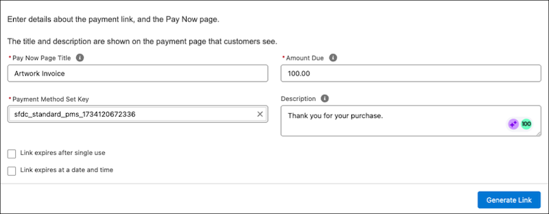 Predefined amount payment link generation form