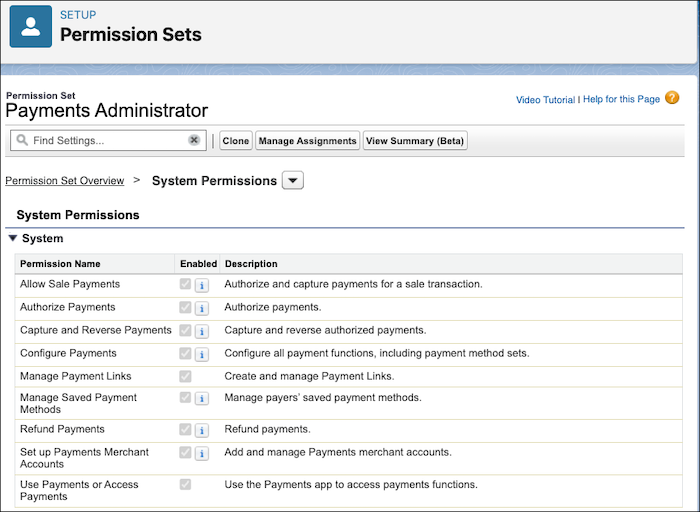 Payments administrator permissions list