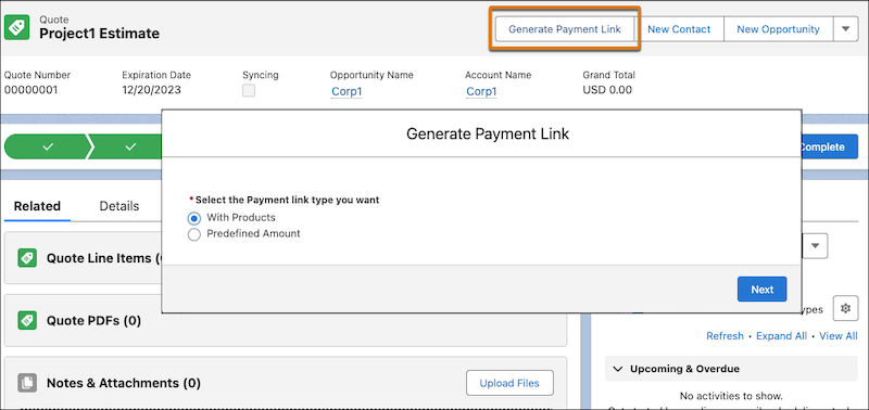 Payment link action button on the quote record page