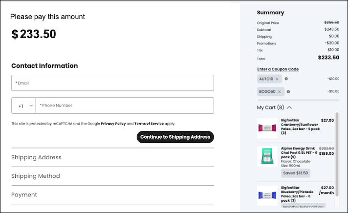 Payment page listing products