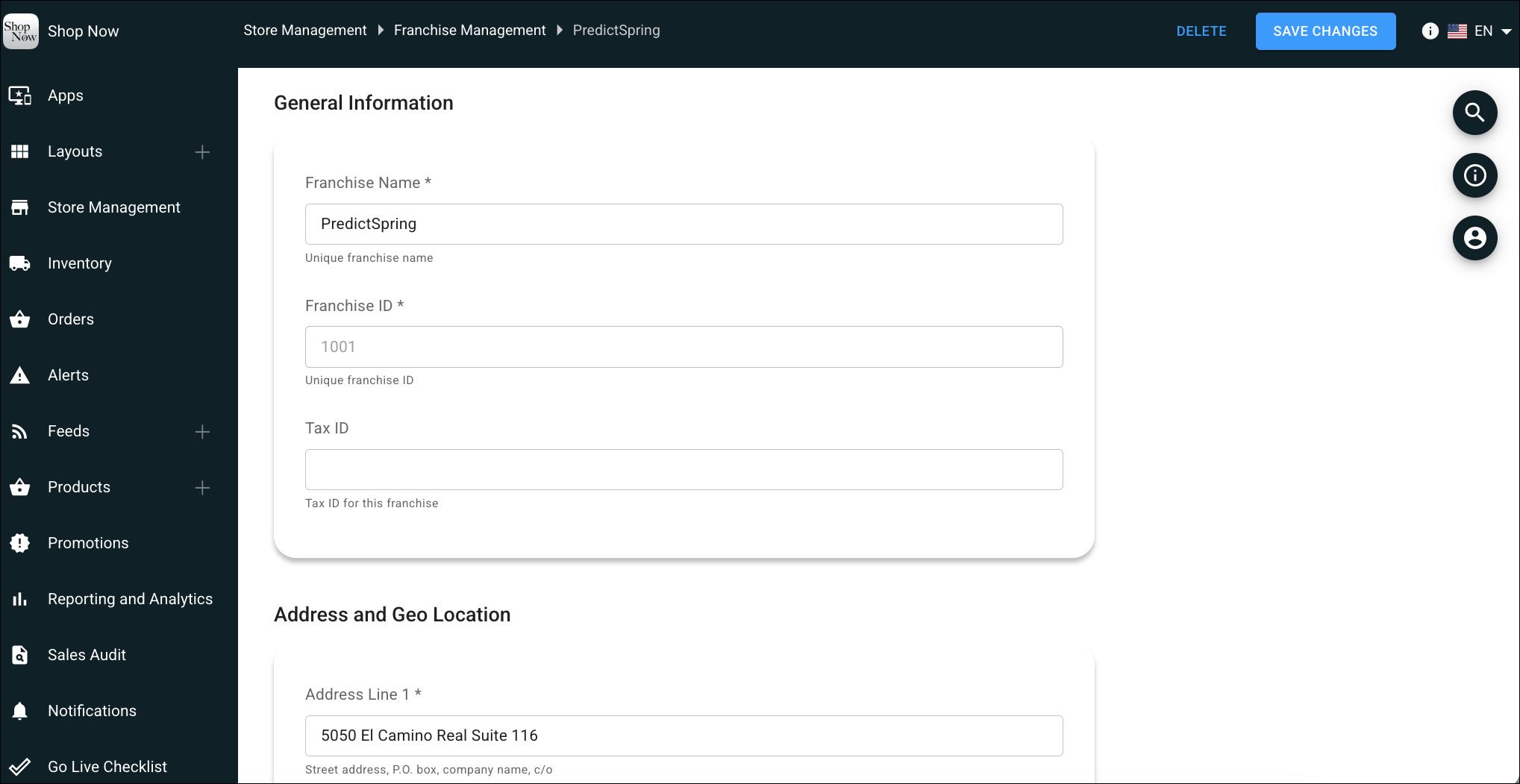 Screenshot showing Create Franchise Group form with fields