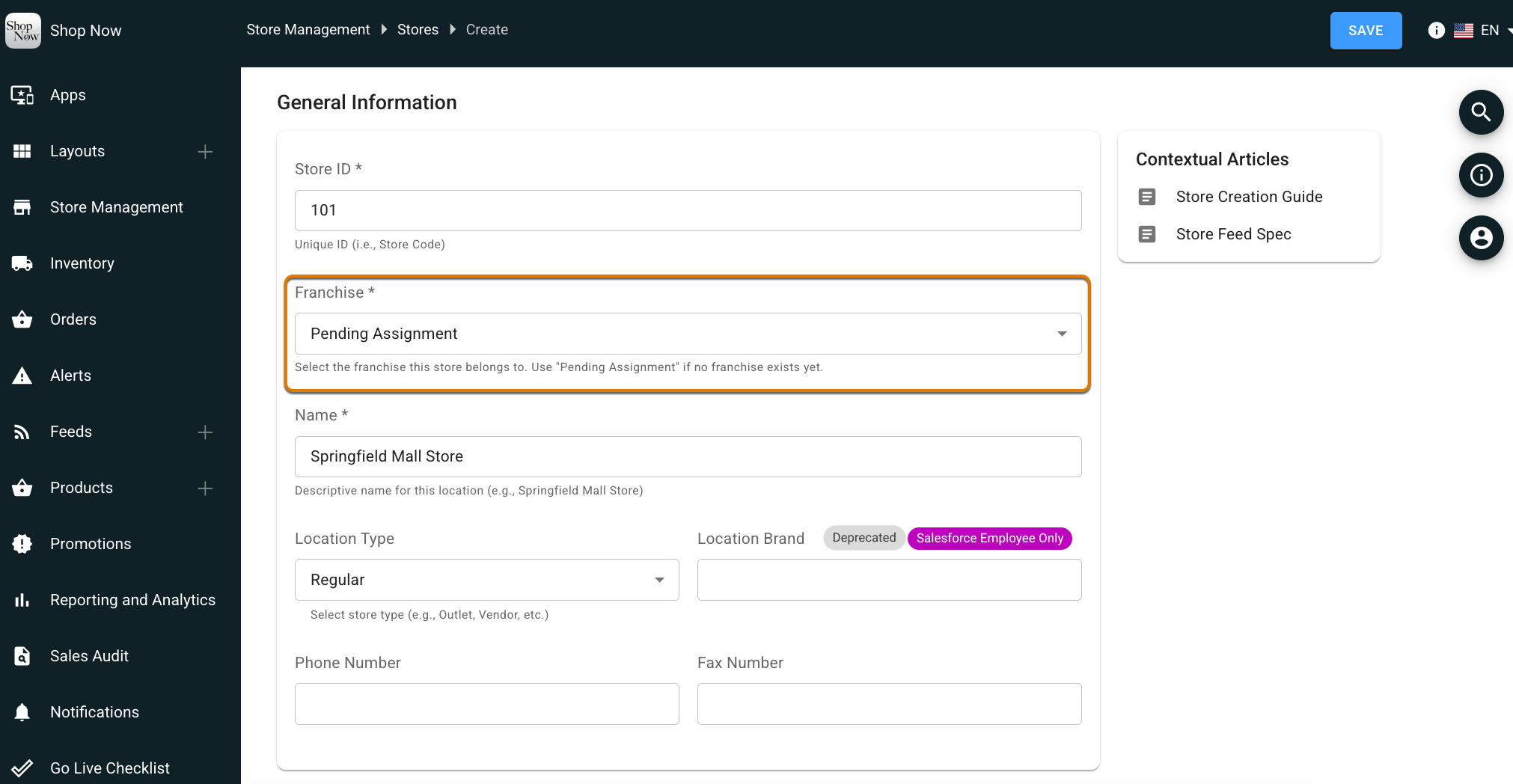 Screenshot showing Franchise dropdown in Store creation form