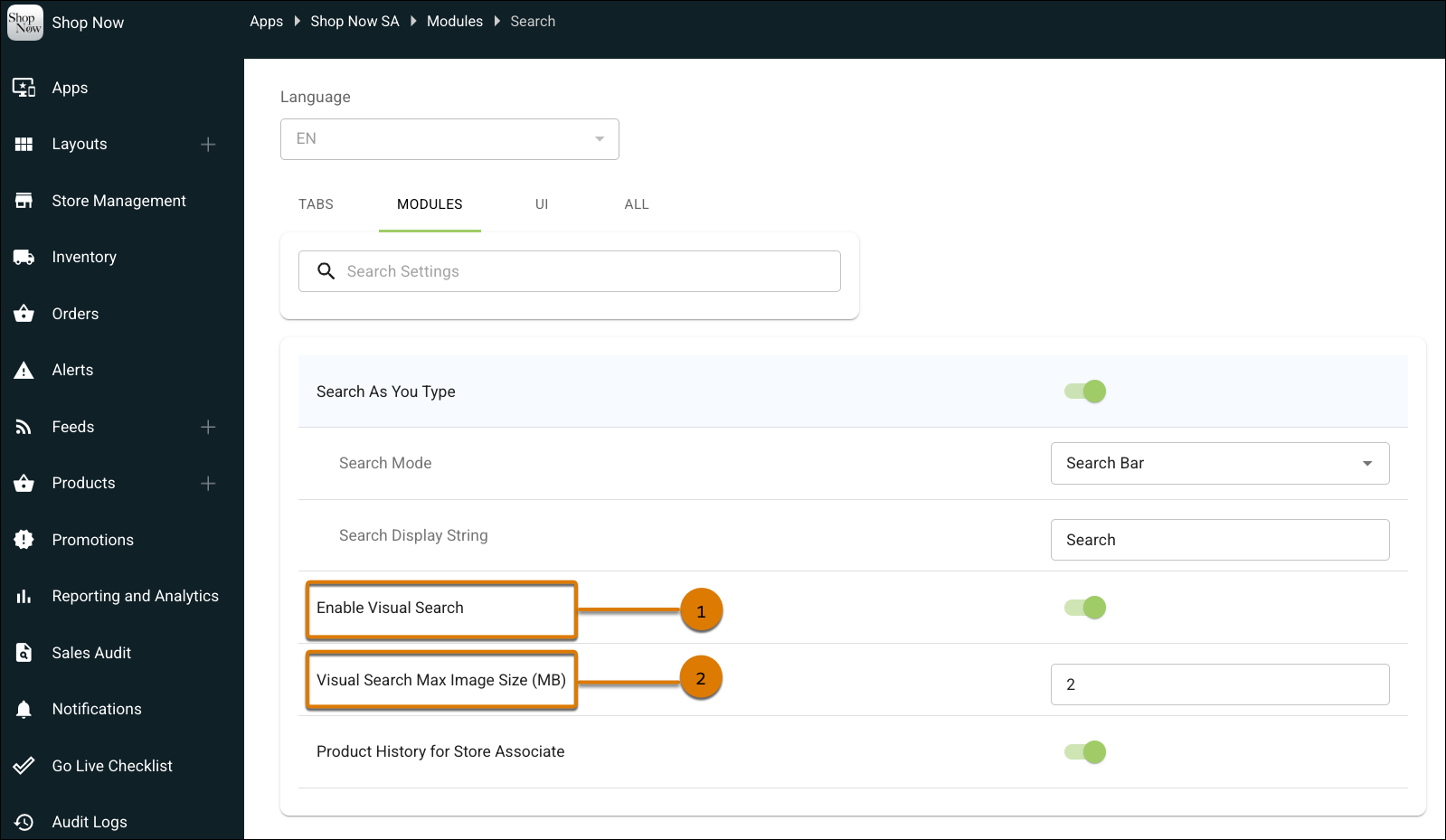 A screen displays search module options in Point of Sale CMS.