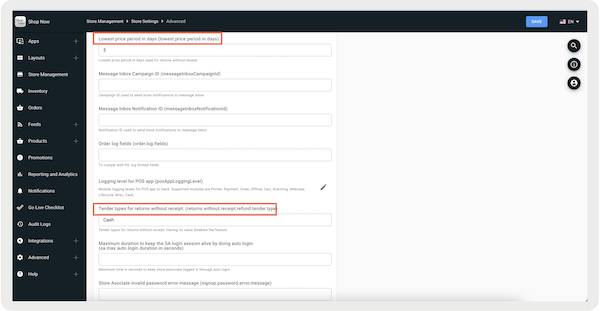 Configuring the lowest price period, in days, in Point of Sale CMS.