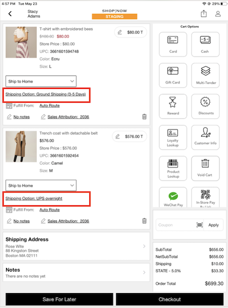 The POS app showing a cart with multiple shipping methods available for each item.