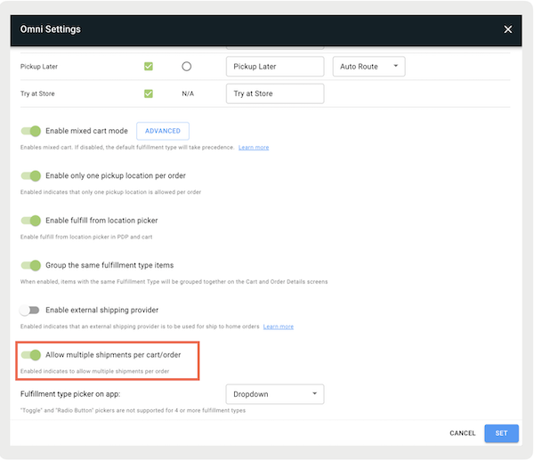 The Allow multiple shipments per cart/order setting turned on in Point of Sale CMS.