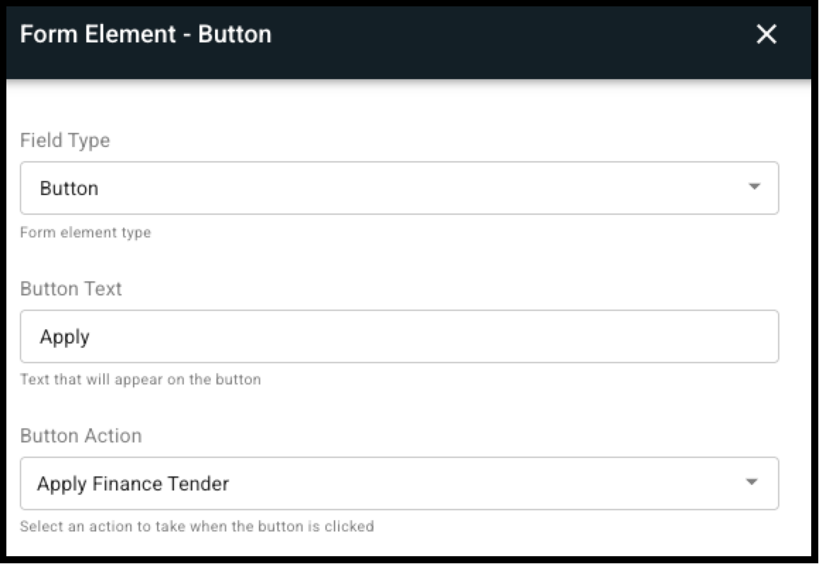A screenshot shows the button action settings for a finance form.